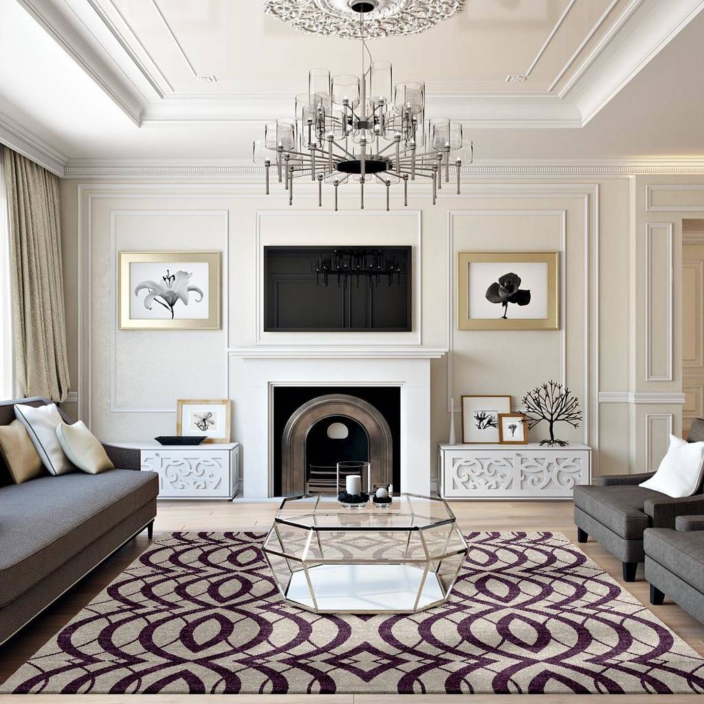 Geometric pattern living room rug classic pattern purple violet luxury modern rug interior design
